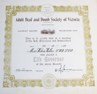 Archive of 8 Certificates belonging and awarded to Helen Keller 1936-1948