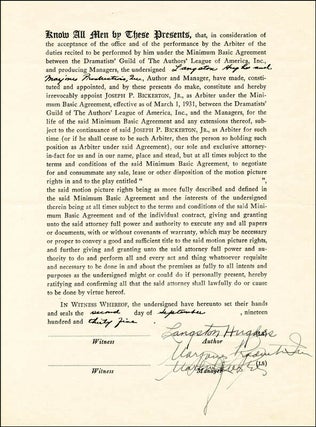 Item #18106 Langston Hughes Signed Contract with the Dramatists' Guild of the Authors League of...