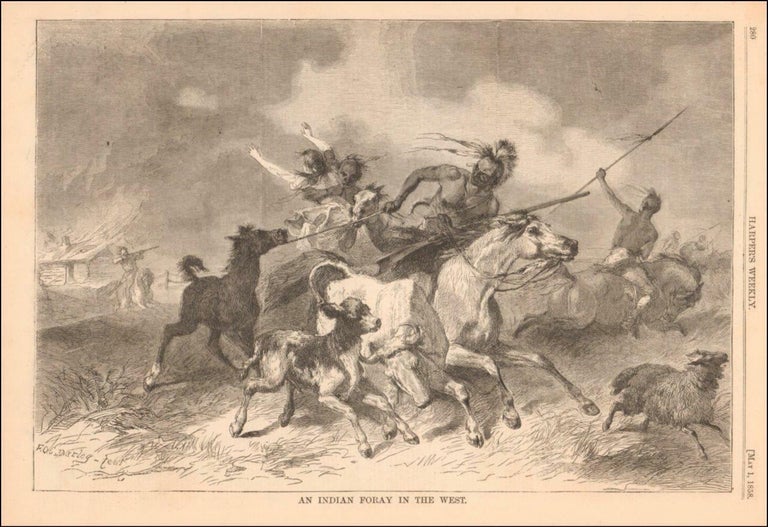Item #18206 Darley Engraving for Harper's Weekly Shows Native American Warriors Attacking White Settlers. F. O. C. Darley.