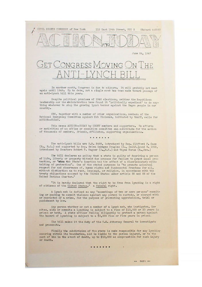 Item #18213 Action For Anti-Lynching Bill, 1947. Lynching African American.