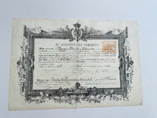 Item #18296 1888 Teaching Certificate Issued by Spain's Ministry of Development to a Woman. 19th...