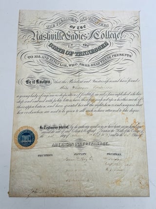 1856 Diploma From Nashville Ladies College. Women's History Women's Education.
