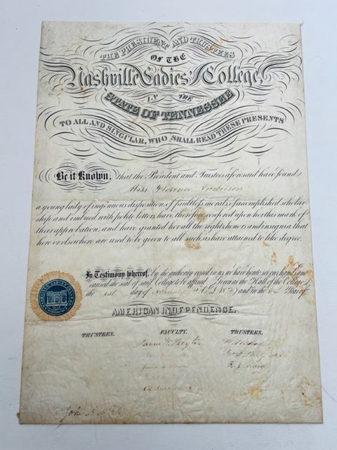 Item #18298 1856 Diploma From Nashville Ladies College. Women's History Women's Education.