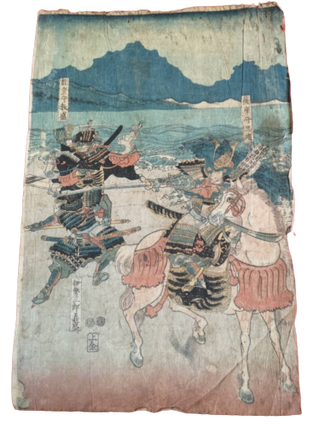 Hand Colored Japanese Samurai Edo Dueling Woodblock Print, 1847. Woodblock Samurai.