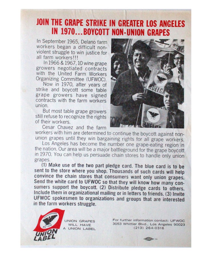 Item #18458 Cesar Chavez Delano Grape Boycott Poster “Join the Grape Strike in Greater Los Angeles in 1970…Boycott Non-Union Grapes”. Cesar Chavez.