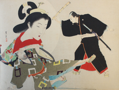 Item #18481 19th Century Japanese Hand colored Woodblock of Japanese Samurais Practicing Kendo and a Woman. Japanese Samurais.