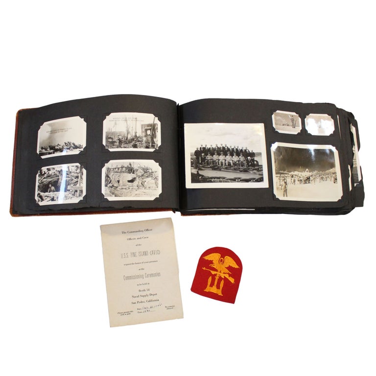 Item #18543 WWII Navy Badge and Photo Album of U.S. Marines in Japan, Pacific and European Theatre. U. S. Marine Corp WWII.