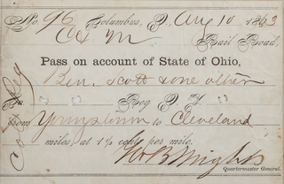 Civil War Railroad pass for a Black Man, Benjamin Scott on his way to enlist with a Colored Regiment. Columbus, OH in 1863.