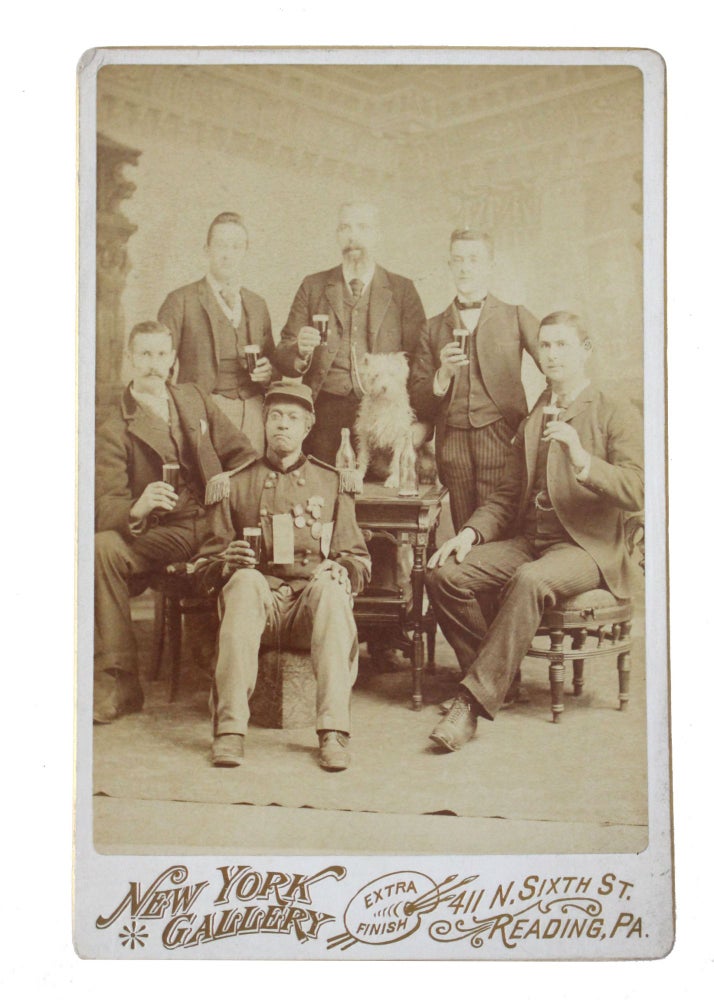 Item #18620 Cabinet Card Photograph of Decorated African American Soldier and his Fellow Civil War Veterans, circa 1880. Civil War US Colored Troops.