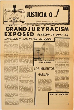 Justicia O...! Vol. 1 No. 5 Los Angeles March, 1971. Grand Jury Racism Exposed; Alarcon to Rule. Periodical Latino.