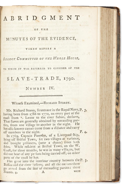 Item #18710 Testimony offered in parliamentary debates on the abolition of the slave trade: 4 Volumes of Abridgment of the Minutes of the Evidence . . . to Consider of the Slave Trade, 1789-1790. Slavery, Parliament Abolition.