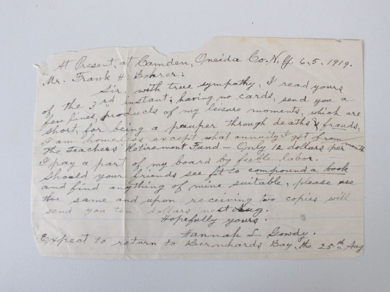 Item #18794 Autograph Letter Signed from an Elderly Female Teacher's Experience with Poverty, 1919. Female Teacher.