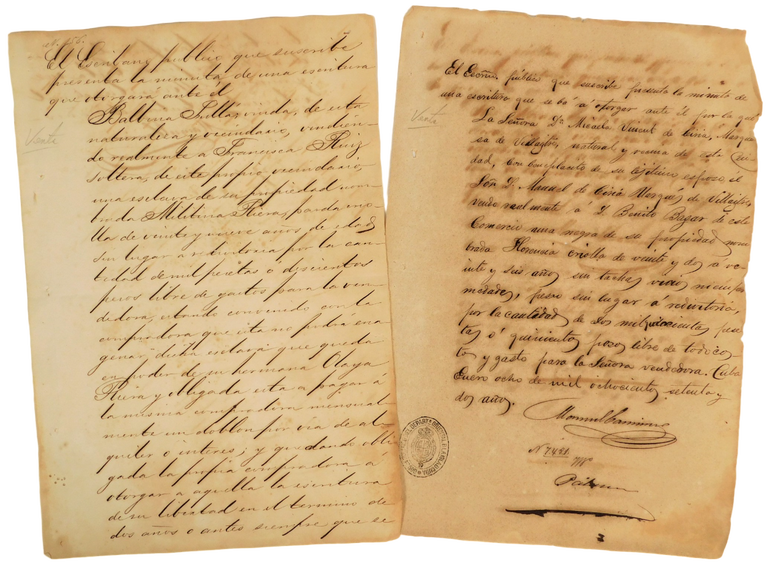 Item #18859 2 documents recording the sale of Two Enslaved Women in Cuba, 1872. Cuba Slavery.