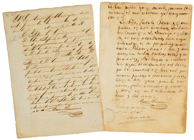 Item #18860 2 documents recording the sale of Two Enslaved Women in Cuba, 1872. Cuba Slavery.