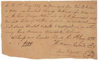 1828 Promissory Note for Hire of Slave. Promissory Note Slavery.