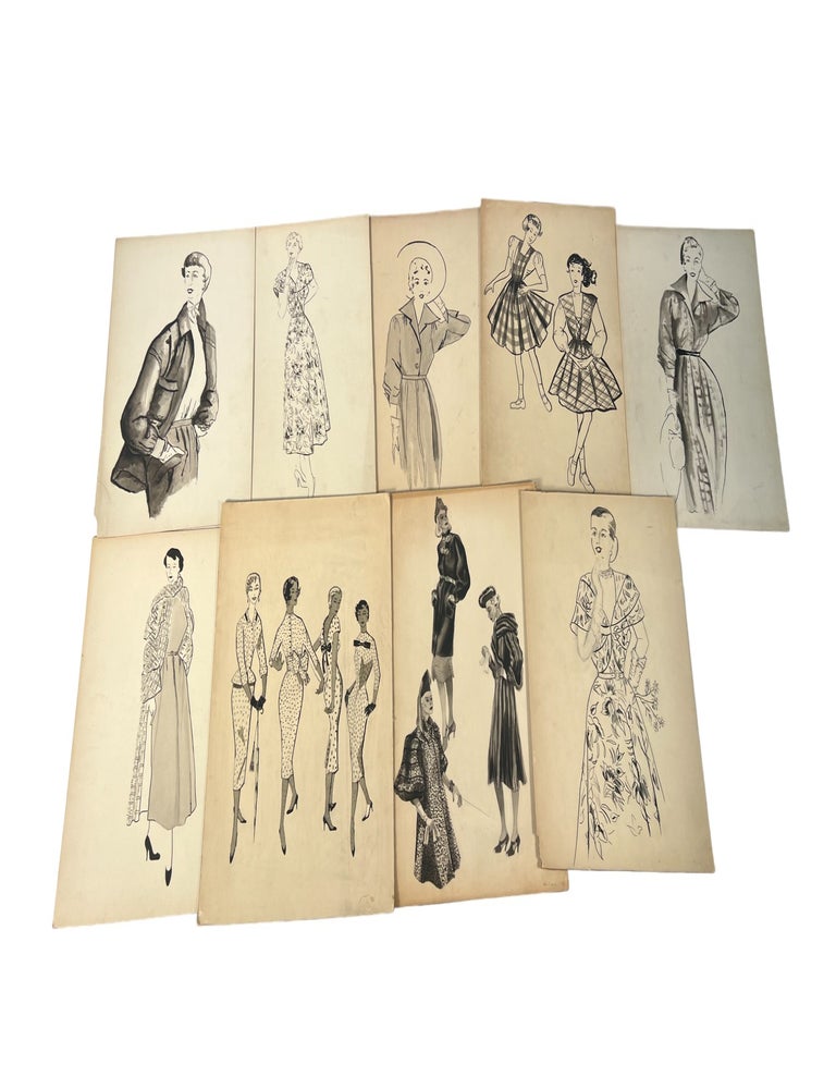 Item #20066 Postwar Fashion Design Education Women's Garment Sketches Archive, 1951. Women's Fashion History Sketches Archive.