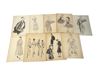 Archive fo 9 Hand Sketched Fashion Designer Boards, all signed - 1951. Fashion History.