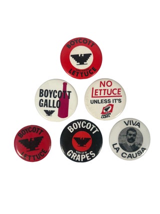 Item #20393 1970s Cesar Chavez Delano Grape Boycott Pins. Grape Boycott Pins Cesar Chavez