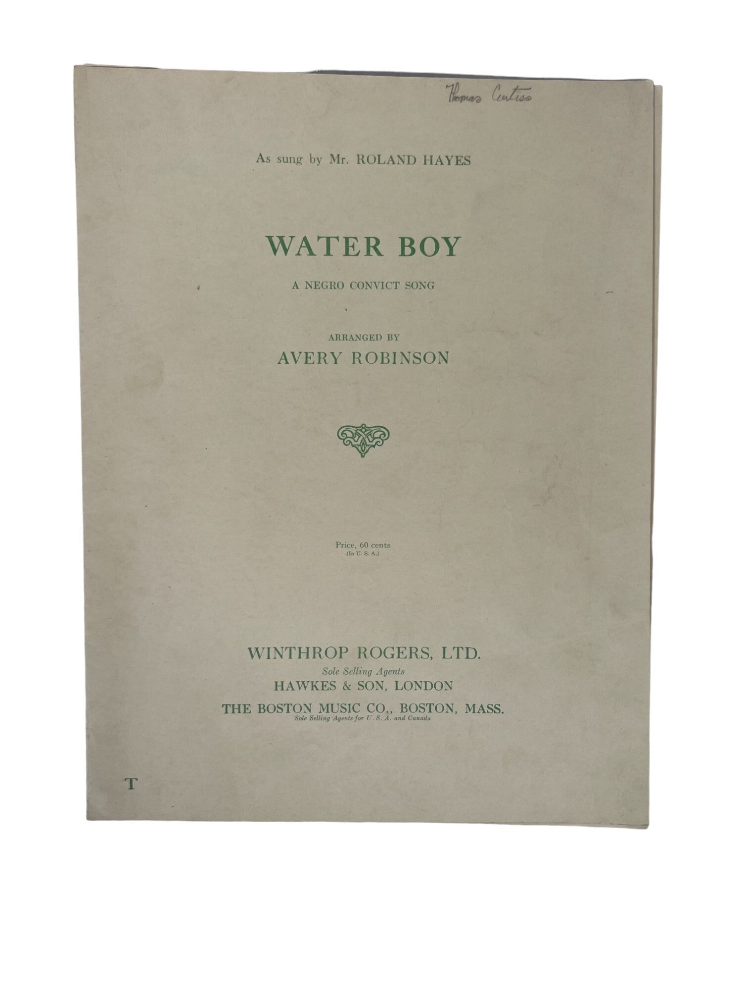 Avery Robsion Water Boy: A Negro Convict Song by Avery Robinson. 1922 | Sheet Music
