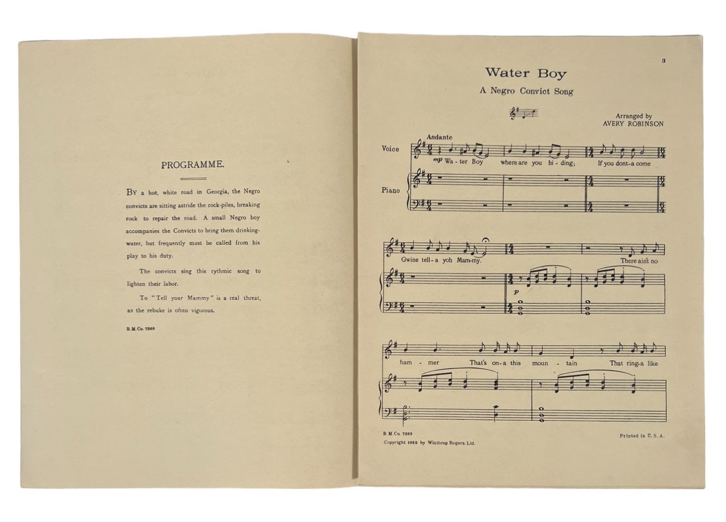 Avery Robsion Water Boy: A Negro Convict Song by Avery Robinson. 1922 | Sheet Music