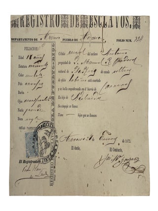Item #20796 Slave Registry Listing an 18 Year Old "Mulato" Male, "Empadronamiento General de...