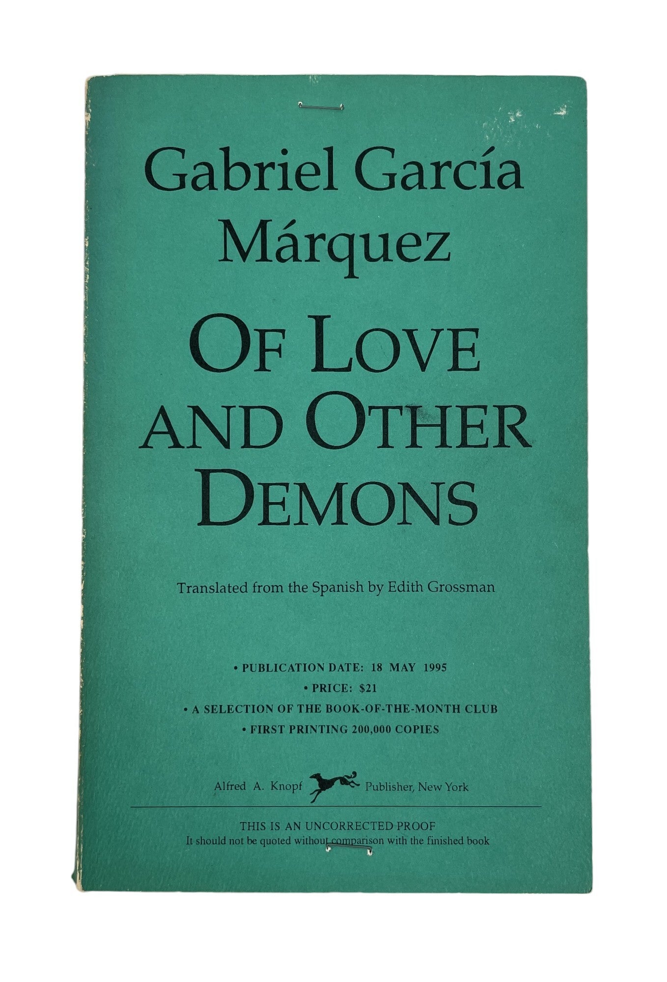 Gabriel Garcia Marquez Of Love and Other Demons Uncorrected Proof