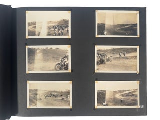 American Motorsports History. 1930s Motorcycle Racing and Road Travel Photograph Album Featuring Harley Davidson and Indian Competition Culture.