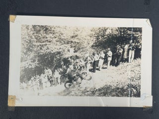 American Motorsports History. 1930s Motorcycle Racing and Road Travel Photograph Album Featuring Harley Davidson and Indian Competition Culture.