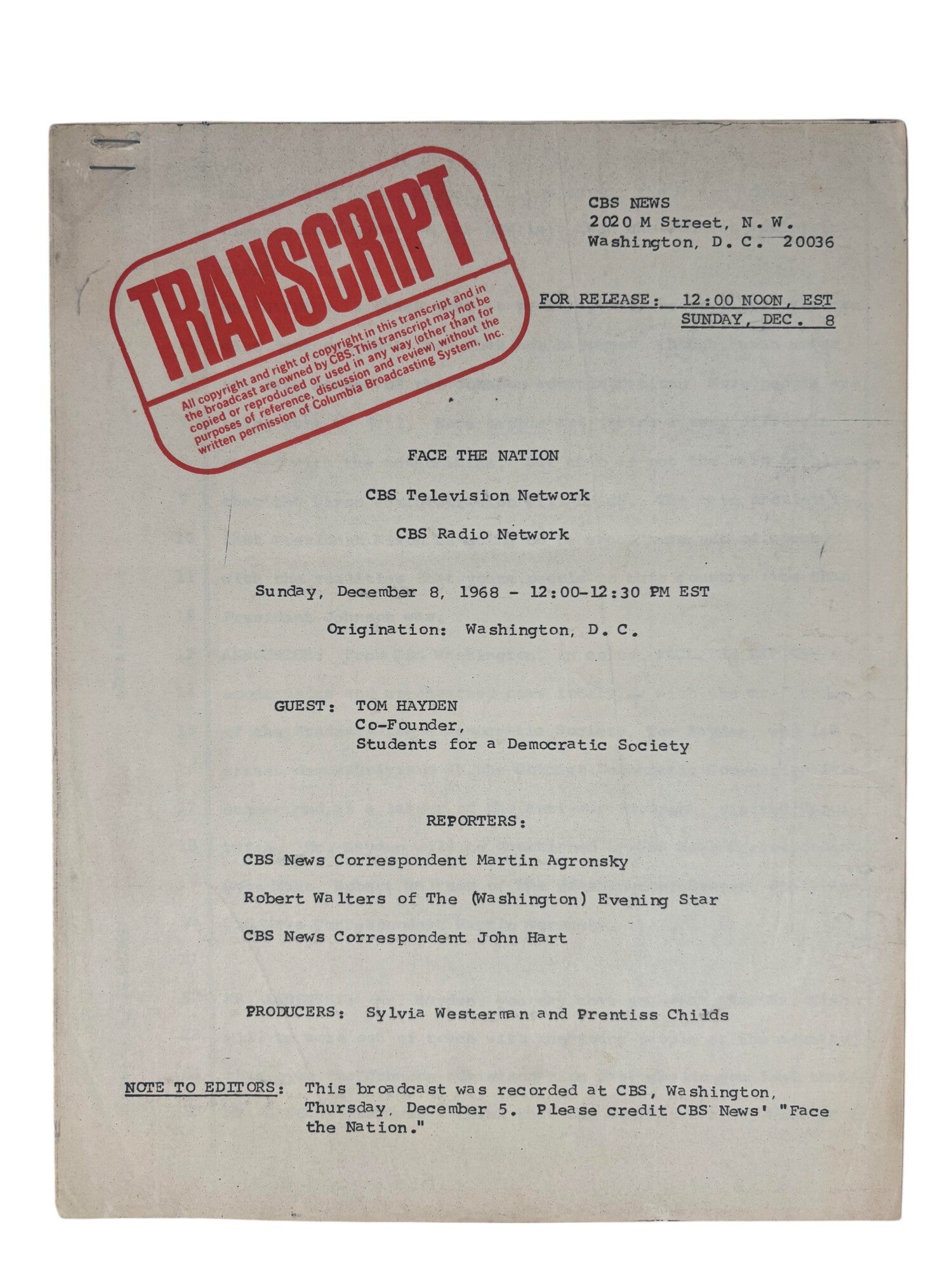 Rambo Transcript Original 1968 Face the Nation Transcript of Tom Hayden's Interview, on ...