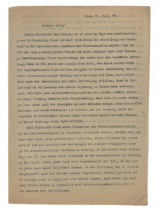 Nobel Prize Winning Scientist Carl Cori's Letters to Family, Nobel Congratulations, and Commentary on the Persecution of Jews in Prague, 1920s-50s