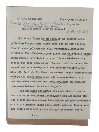 Nobel Prize Winning Scientist Carl Cori's Letters to Family, Nobel Congratulations, and Commentary on the Persecution of Jews in Prague, 1920s-50s