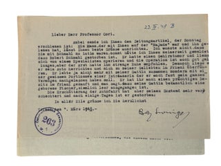 Nobel Prize Winning Scientist Carl Cori's Letters to Family, Nobel Congratulations, and Commentary on the Persecution of Jews in Prague, 1920s-50s