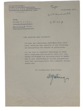 Nobel Prize Winning Scientist Carl Cori's Letters to Family, Nobel Congratulations, and Commentary on the Persecution of Jews in Prague, 1920s-50s