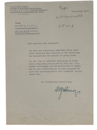 Nobel Prize Winning Scientist Carl Cori's Letters to Family, Nobel Congratulations, and Commentary on the Persecution of Jews in Prague, 1920s-50s
