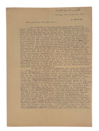 Nobel Prize Winning Scientist Carl Cori's Letters to Family, Nobel Congratulations, and Commentary on the Persecution of Jews in Prague, 1920s-50s