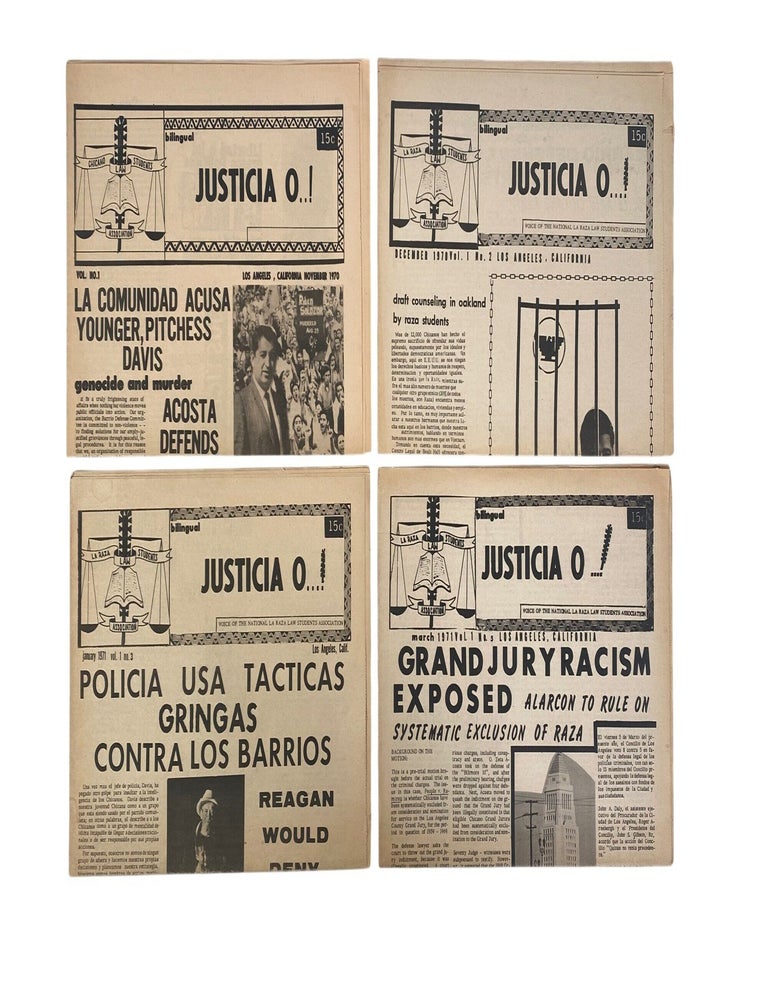 Item #23238 Chicano Activism La Raza Newspaper "Justicia O..!" Archive, Covering Oscar Zeta Acosta, UFW Activism, and the Killing of Rub&eacute;n Salazar. UFW Activism La Raza Law Students Association.