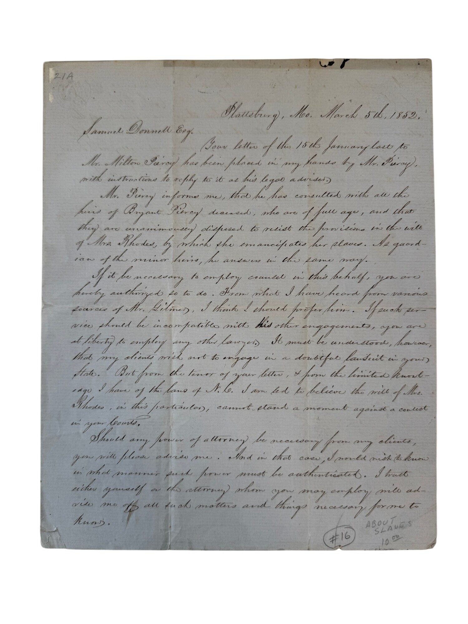 Emancipation Letter Example Letter from Missouri Lawyer Opposing Slave Emancipation in North ...
