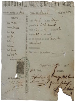 Pre-Abolition Puerto Rico Slave Registration Form Listing an 18 Year Old Enslaved Black Man, Slavery, Puerto Rico.