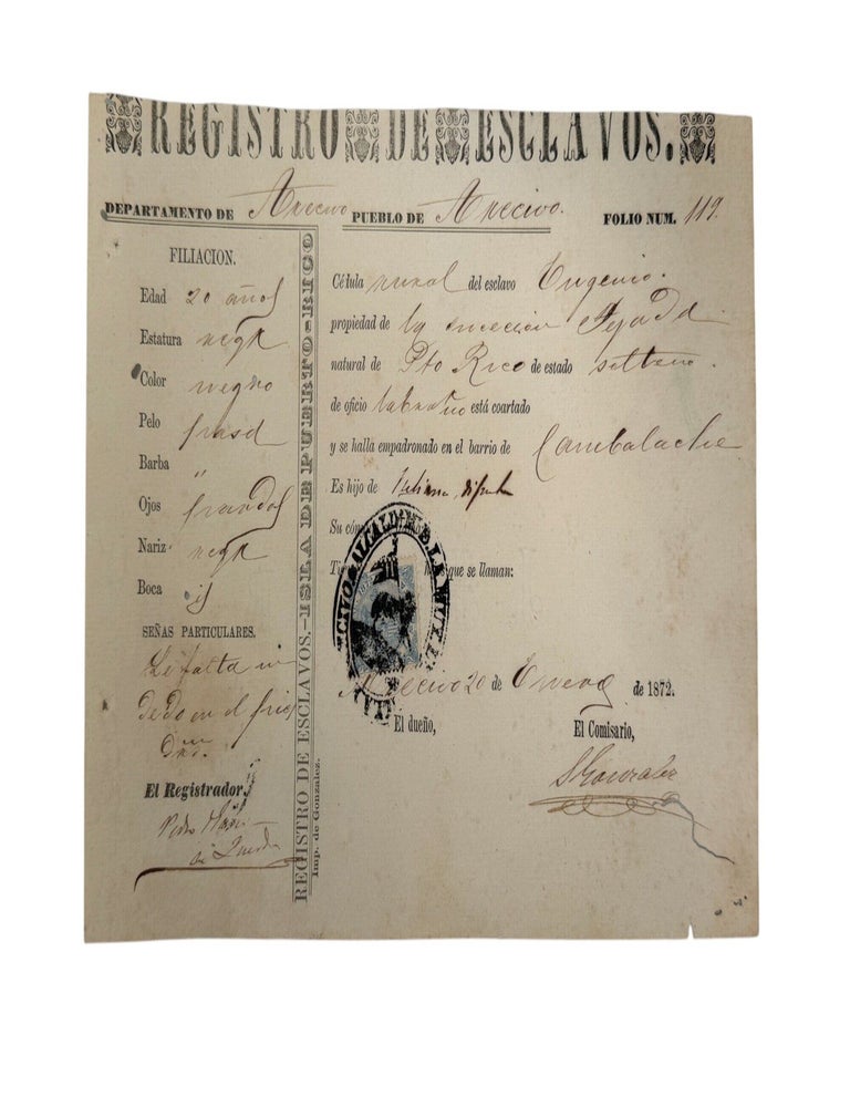 Puerto Rico Slave Registration After the Moret Law Listing a 20 Year Old Enslaved Black Man,...