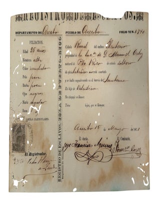 Puerto Rico Slave Registration After the Moret Law Listing a 26 Year Old Enslaved Man, "Eleuterio", 1871