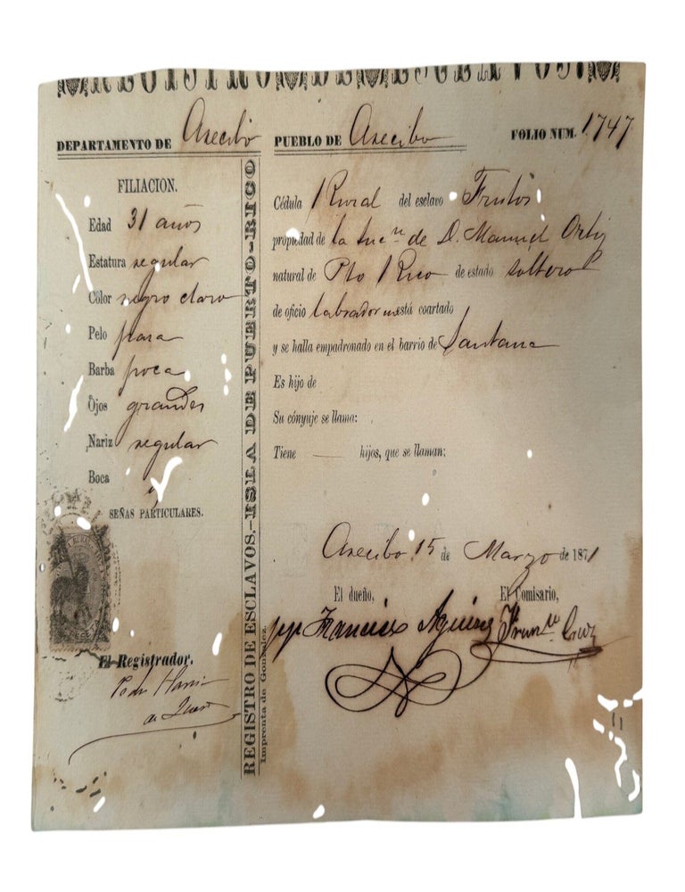 Puerto Rico Slave Registration After the Moret Law Listing a 31 Year Old Enslaved "Negro...