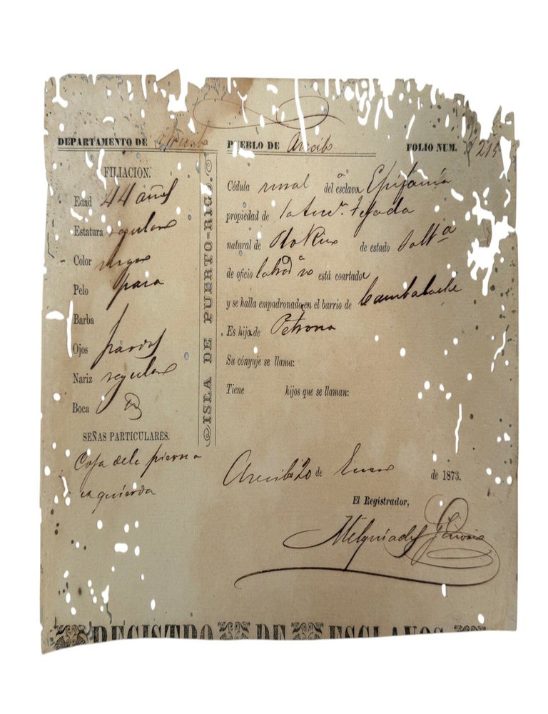 Puerto Rico Slave Registration After the Moret Law, Listing a 44-Year-Old Enslaved Man Named...