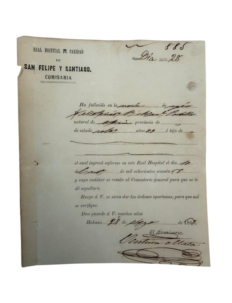 Chinese "Coolie" Contract Laborer Hospital Admittance Certificate in Colonial Cuba, 1866