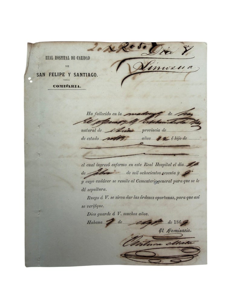 Chinese "Coolie" Contract Laborer Hospital Death Certificate in Colonial Cuba, 1869