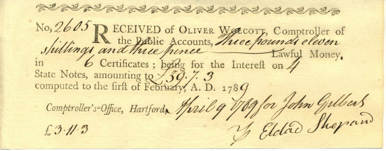 Item #3809 Revolutionary War Receipt for Soldier's Wages. War Revolutionary.