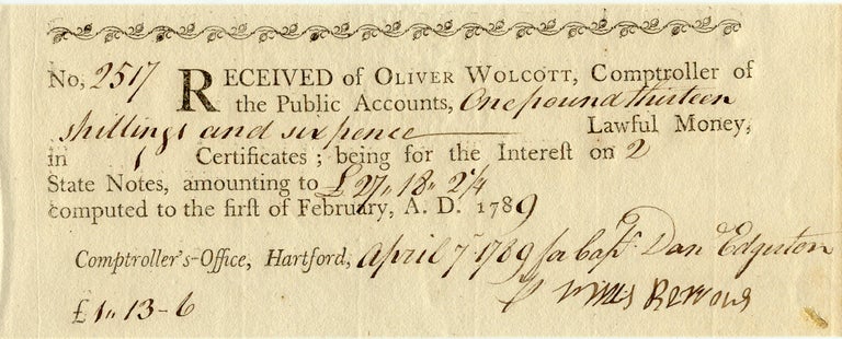 Item #3811 Revolutionary War Receipt for Soldier's Wages. War Revolutionary.