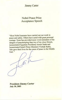 Item #4506 Jimmy Carter Signed Nobel Peace Prize Speech Excerpt: "Anwar Sadat and Yitzak Rabin--...