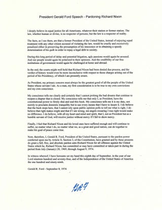 President Ford Speech Pardoning Richard Nixon- Signed Souvenir Typscript of Ford's famous Pardon. Gerald Ford.