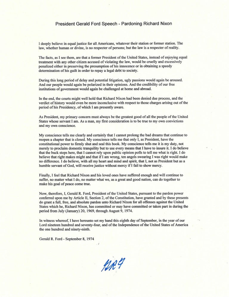 Item #4528 President Ford Speech Pardoning Richard Nixon- Signed Souvenir Typscript of Ford's famous Pardon of Nixon. Gerald Ford.