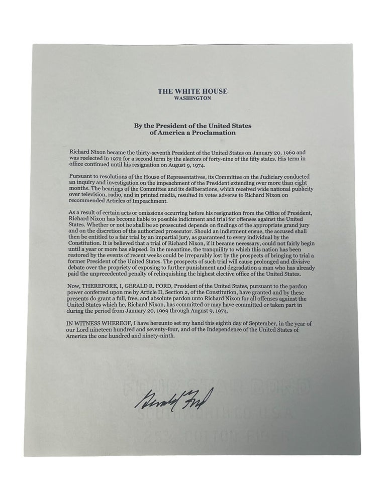 Item #4530 Political History Watergate Crisis, souvenir Pardon signed by Gerald Ford Granting Richard Nixon Pardon 1974. Gerald Ford.